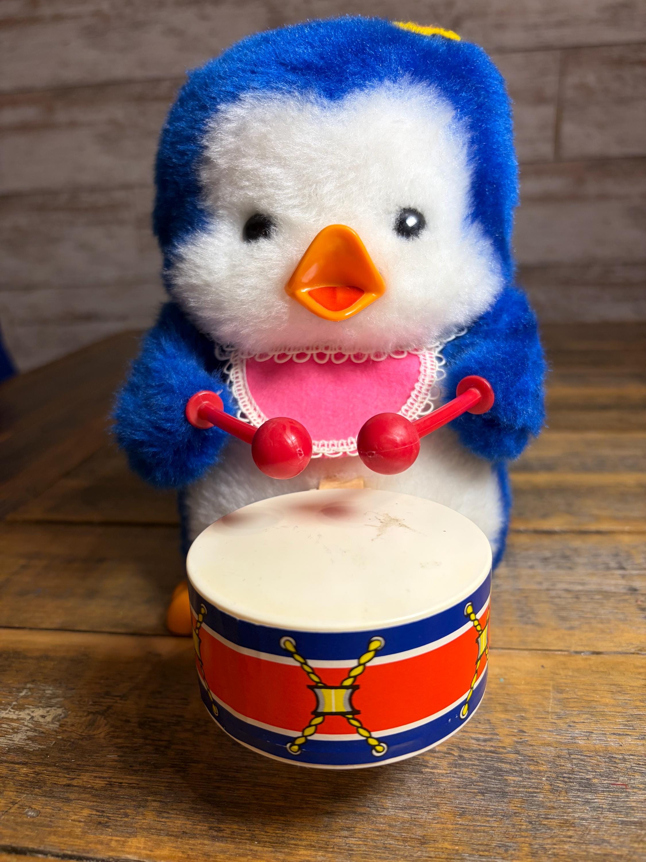 Vintage Iwaya Moving Animal Toy Blue Penguin Playing the Drums