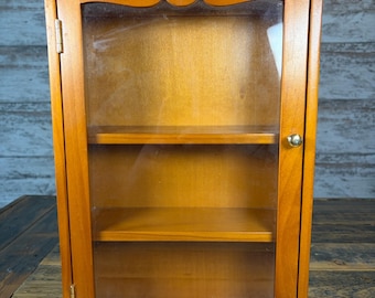 Vintage 14” Wooden Curio Cabinet Hanging or Sitting Wall Shelf with Glass Door