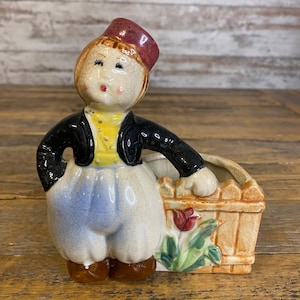 Vintage Ceramic Dutch Child with Tulip and Fence Planter - Holland - Dutch Boy or Girl