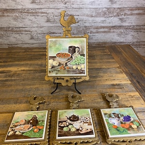 Set of 4 Rooster Chicken Cast Iron Ceramic Tile Trivets - Vintage 70s Made in Japan Fruit Design