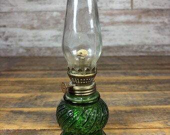 Antique Vintage Miniature 8.25" Green Glass Oil Lamp