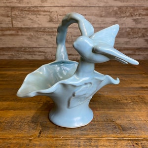 Vintage Camark Pottery Basket: Light Blue Ceramic Bird Planter