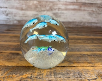 Vintage Dynasty Handblown Glass Dolphin Scene Murano Style Paperweight