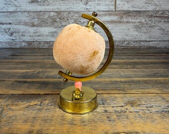 Vintage Midcentury 1950s Pink Globe Sewing Pincushion and Thimble Holder