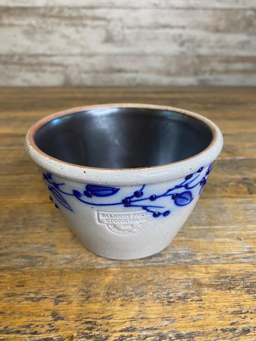 Salmon Falls Pottery Stoneware 3 Salt Glazed Bowl Blueberry Vine 1990s