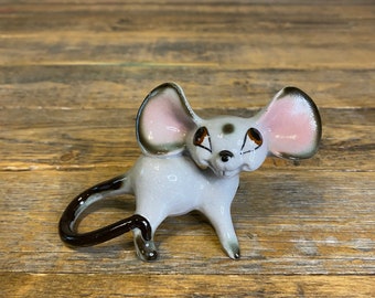 Vintage Anthropomorphic Mouse Ceramic Figurine with Large Ears and Large Eyes