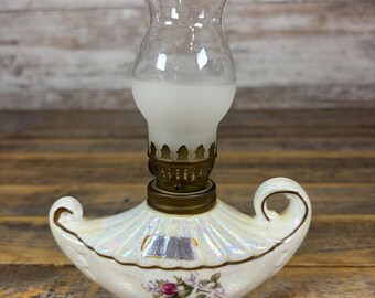 Antique Aladdin-Style Miniature 6.5" White Irridescent and Floral Kerosene Oil Lamp with Finger Hole