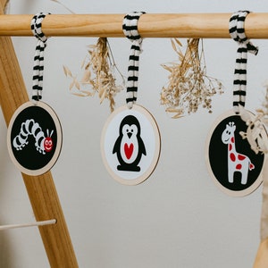 Colgante de contraste para juego, juego de arco, regalo de animales para el nacimiento, juguete de contraste para bebé, promoción temprana, juguete educativo, tarjetas de contraste