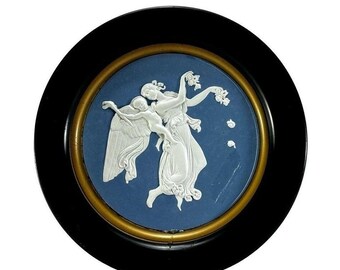 Galletas vintage Sunshine en lata redonda con figuras danzantes en relieve estilo jaspe azul