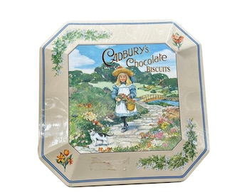 Cadbury Chocolate Biscuits Vintage Octagonal Tin Cream Girl Cat Garden Decor