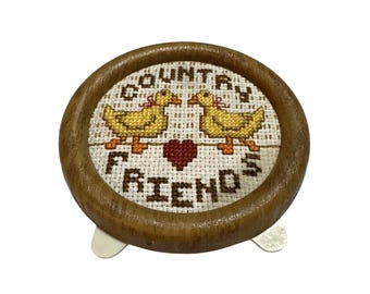 Vintage Country Friends Mini Cross Stitch Framed Duck Heart Wall Table Decor 3"