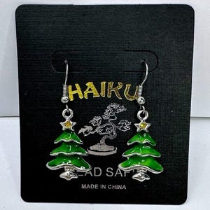 Haiku Christmas Tree Earrings Green Enamel Star Dangle Holiday Jewelry lead safe