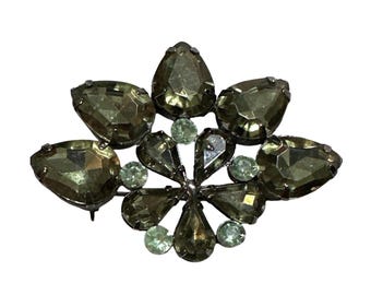 Vintage Style Smoky Olive Green Rhinestone Brooch Gunmetal Tone Starburst Pin