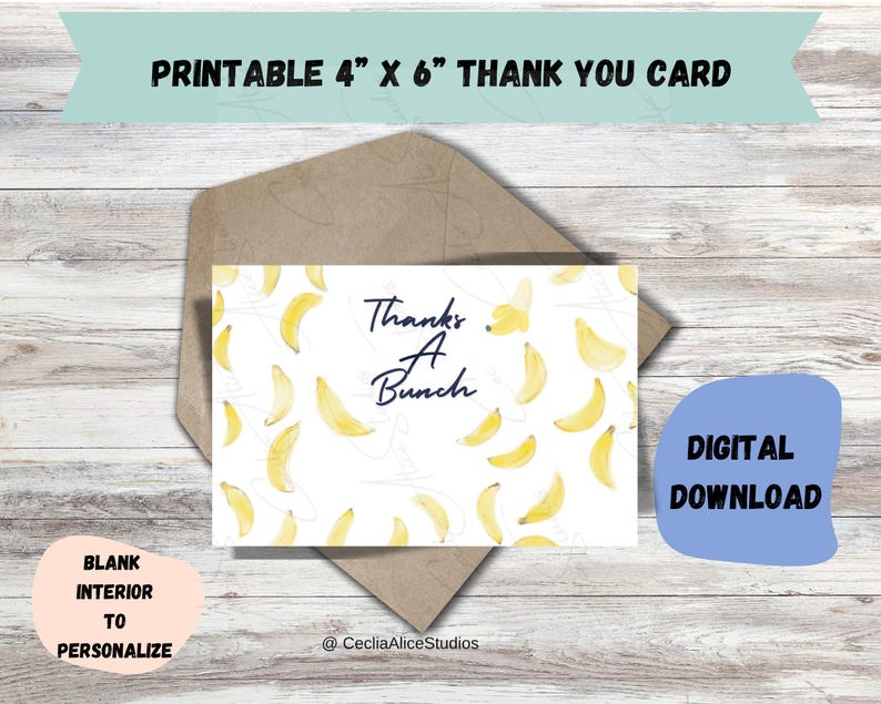 Thanks A Bunch, Thank You Card! Funny-pun Banana Greeting Card (digital ...