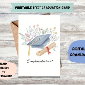 Tarjeta de graduación floral - Tarjeta de graduación - Flores estilo acuarela - Birrete y diploma - Tarjeta de felicitación - Estudiantes de último año - Birrete de graduación con flores