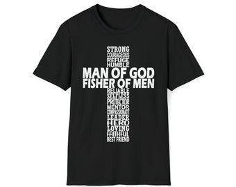 Könnte beinhalten: Schwarzes T-Shirt mit weißem Text, der "Strong, Courageous, Refuge, Humble, Man of God, Fisher of Men, Reliable, Selfless, Protector, Mentor, Compassionate, Leader, Hero, Loving, Faithful, Best Friend" lautet.