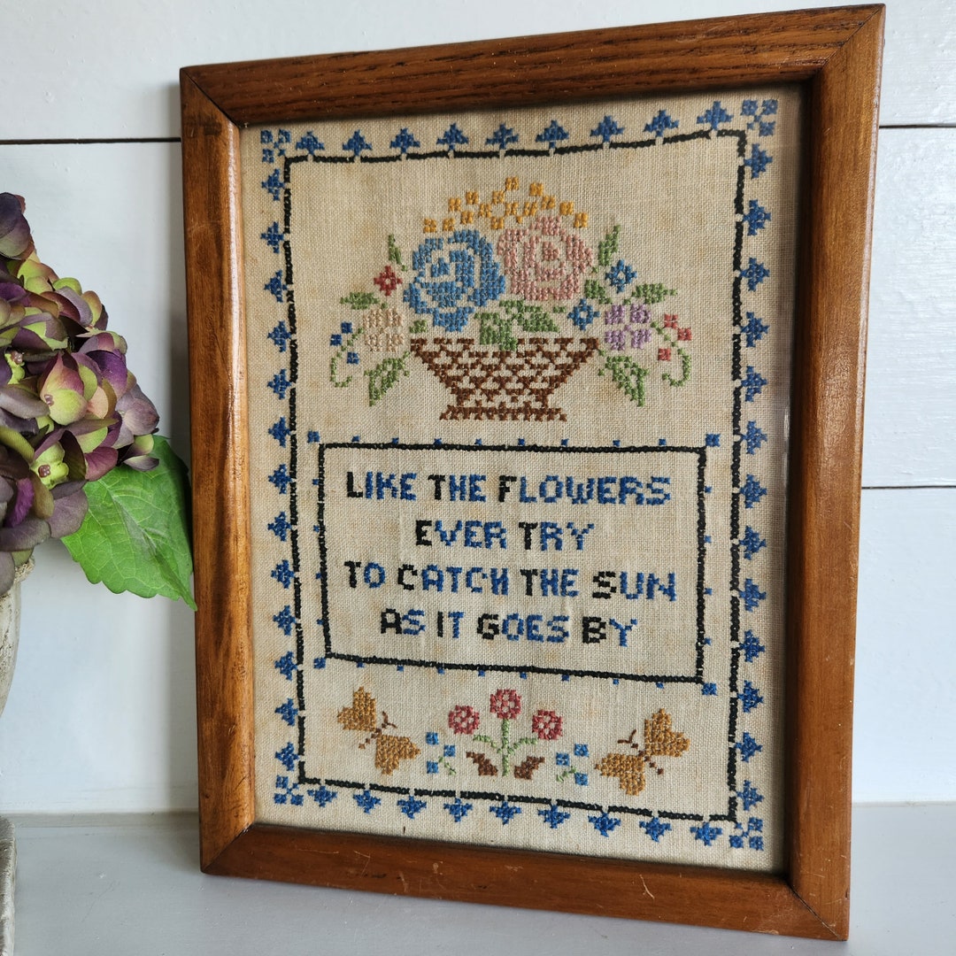 Cross Stich Framed Blue Sampler Etsy