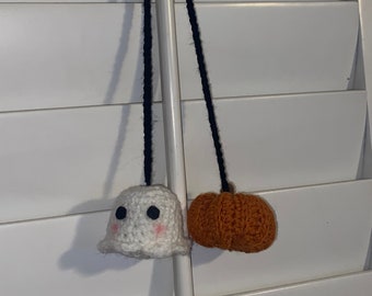 Crochet Ghost & Pumpkin Car Charm, Halloween Fall Decor