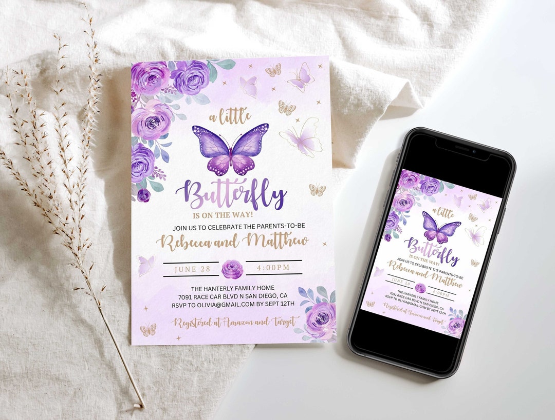Butterfly Baby Shower Invitation, Purple Butterfly Baby Shower