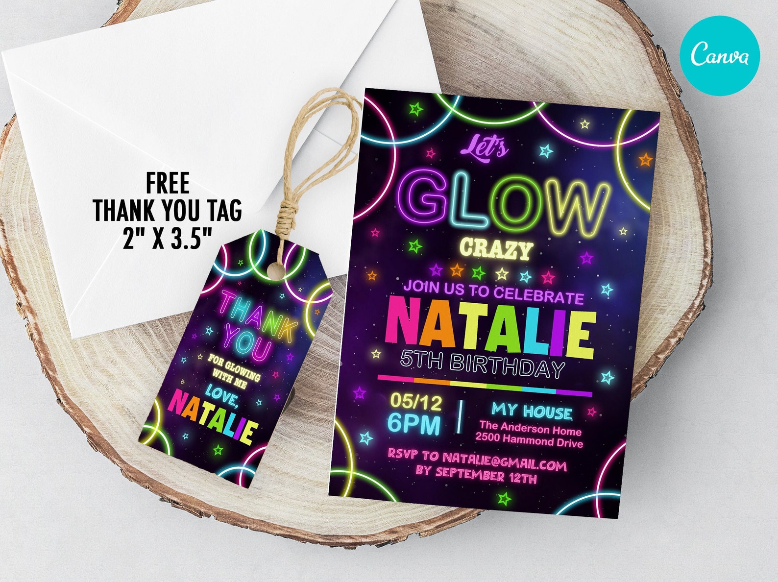 Glow Party Birthday Invitation, Glow Invitation, Glow Party Template, Glow Thank You Tag, Glow