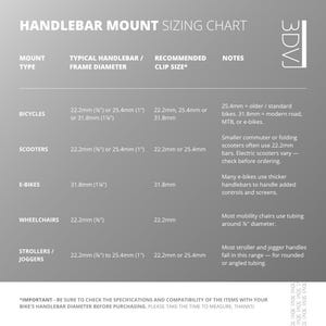 A sizing chart for 3DVJ handlebar mounts presented in a table. It lists recommended clip sizes (22.2mm, 25.4mm, or 31.8mm) for various equipment, including bicycles, scooters, e-bikes, wheelchairs, and strollers/joggers, based on typical handlebar diameters. Descriptive notes help users identify the correct fit for modern versus standard bikes. A footer emphasizes the importance of measuring frame diameter before purchasing to ensure compatibility.