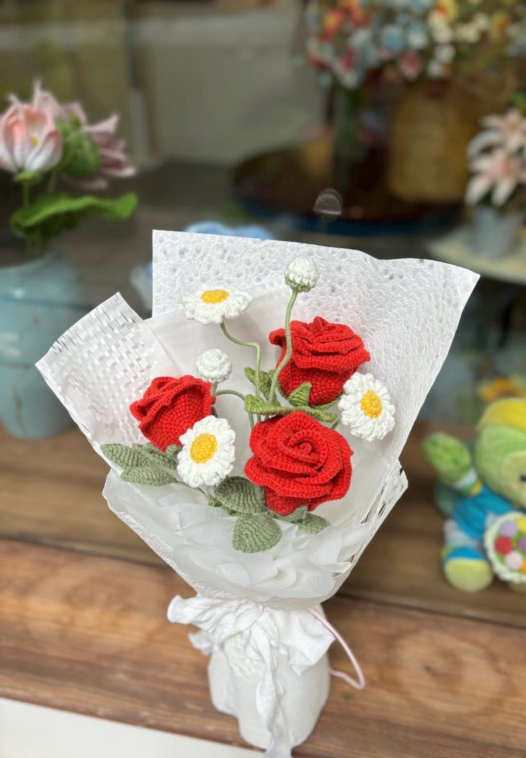Gestrickte Häkelblumen Strauß - Sonnenblume, Rose, Nelke, Tulpe, Mit Lichterkette & Geschenkkarte, Für Muttertag, Valentinstag, Deko