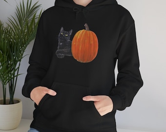 Moletom com capuz de gato para Halloween: design de abóbora assustadora, mistura de algodão e poliéster