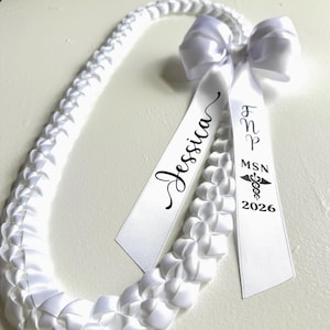 Personalized Nursing Graduation Lei | White Satin Ribbon, Custom Color Coquette Bow
