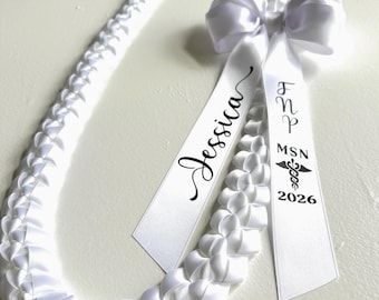 Personalized Nursing Graduation Lei | White Satin Ribbon, Custom Color Coquette Bow