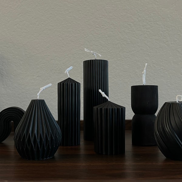 All Black Ribbed Pillar Candles, Handmade Candle, Soy Wax Candle for Home Decor, Gift, Custom Scents & Colors