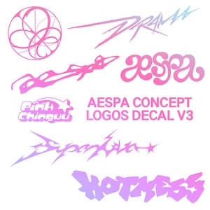 Puede incluir: Una colección de calcomanías con degradado rosa y morado con varios logotipos y texto. El texto incluye "DRAMA", "aespa", "Pink Chinguu", "Bypanda" y "HOTNESS", junto con "AESPA CONCEPT LOGOS DECAL V3".