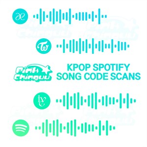 May include: A collection of four cyan Spotify song code scans arranged vertically. Each scan features a circular logo on the left, including aespa, TWICE, IVE, and the Spotify icon, followed by a unique sound wave pattern. The text Pink Chinguu KPOP SPOTIFY SONG CODE SCANS is displayed in cyan.