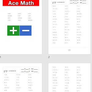 Puede incluir: Una hoja de trabajo con problemas de matemáticas para sumar y restar. La hoja de trabajo se titula "Ace Math" y tiene un signo más verde y un signo menos azul en la parte inferior. La hoja de trabajo está dividida en dos secciones, una para la suma y otra para la resta. Cada sección tiene una lista de problemas con las respuestas proporcionadas.