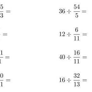 Puede incluir: Una hoja de trabajo con problemas de matemáticas que implican dividir números enteros por fracciones. Los problemas están dispuestos en cuatro columnas, con dos problemas en cada columna.
