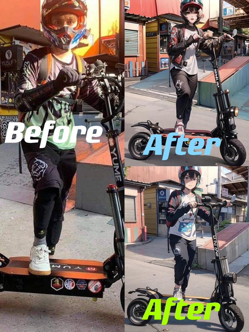 May include: Two electric scooters with black frames and orange decks. The scooters have black tires and handlebars. The scooters are shown with two different people standing on them. The text 'Before' and 'After' is written on the image.