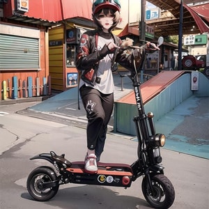 May include: A black electric scooter with a red and black seat. The scooter has a black handlebar with a black headlight. The scooter has a black fender and a black wheel with a silver rim. The scooter has a black footrest and a black kickstand. The scooter has a black and silver frame. The scooter has a black and silver motor. The scooter has a black and silver battery. The scooter has a black and silver display. The scooter has a black and silver brake lever. The scooter has a black and silver throttle. The scooter has a black and silver bell. The scooter has a black and silver horn. The scooter has a black and silver light. The scooter has a black and silver reflector. The scooter has a black and silver sticker. The scooter has a black and silver logo. The scooter has a black and silver design.