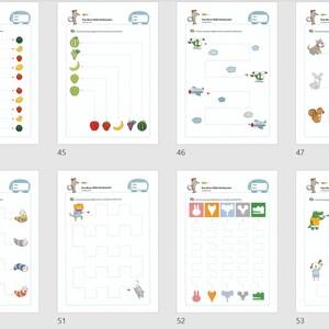 以下が含まれることがあります： 果物、野菜、動物、乗り物の画像が描かれた、迷路とマッチングの活動が盛り込まれた、白黒のワークシート6枚セット。ワークシートは43から54まで番号が付けられています。