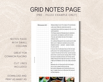 Grid notes page, bujo daily log, notes insert, daily inserts, personal daily grid inserts, personal rings planner, printable planner pages.