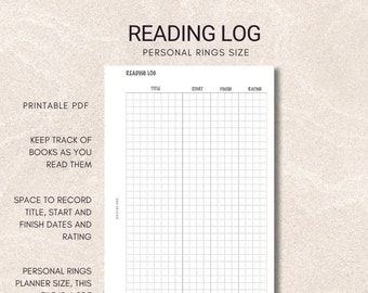 Puede incluir: Plantilla de registro de lectura imprimible para planificadores de tamaño de anillos personales. La plantilla tiene columnas para el título, la fecha de inicio, la fecha de finalización y la calificación. Lleva un registro de los libros que lees.