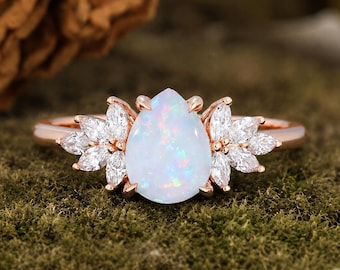 Roségouden verlovingsring met natuurlijke opaal, trouwring met marquise moissanite en bloemenmotief, vintage peervormige opaal bruidsring, unieke beloftesring