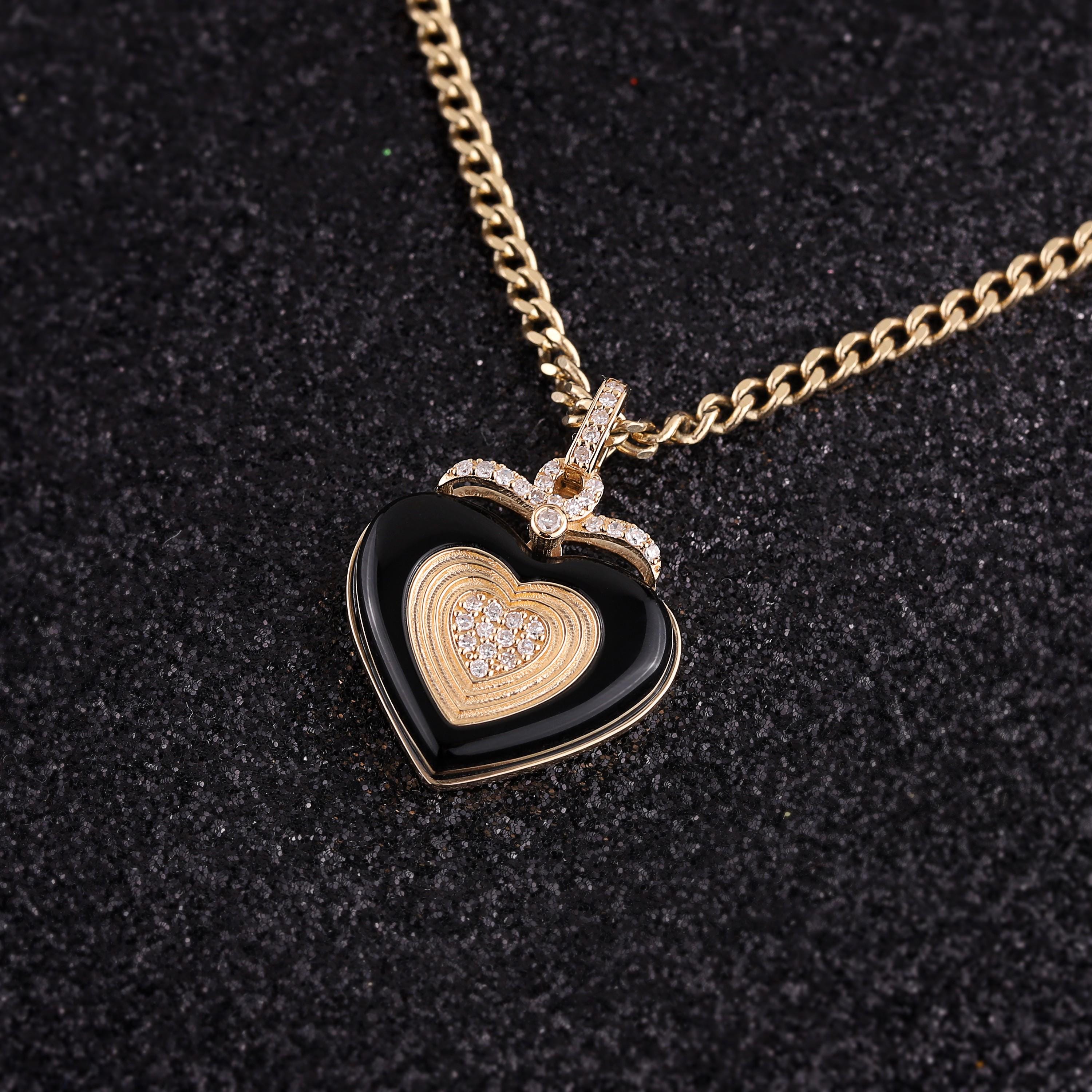 18k Gold Heart Black Onyx Diamond Pendant, Dainty Heart Mother Of Pearl Necklace, Sweet Cool Girl Necklace, Everyday Necklace, Love Gift