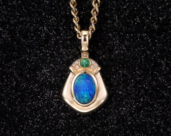 Natural Oval Blue Green Opal Emerald Pendant, 14k Solid Gold Bezel Set Opal Pendant, October Birthstone Necklace, Antique Fire Opal Necklace