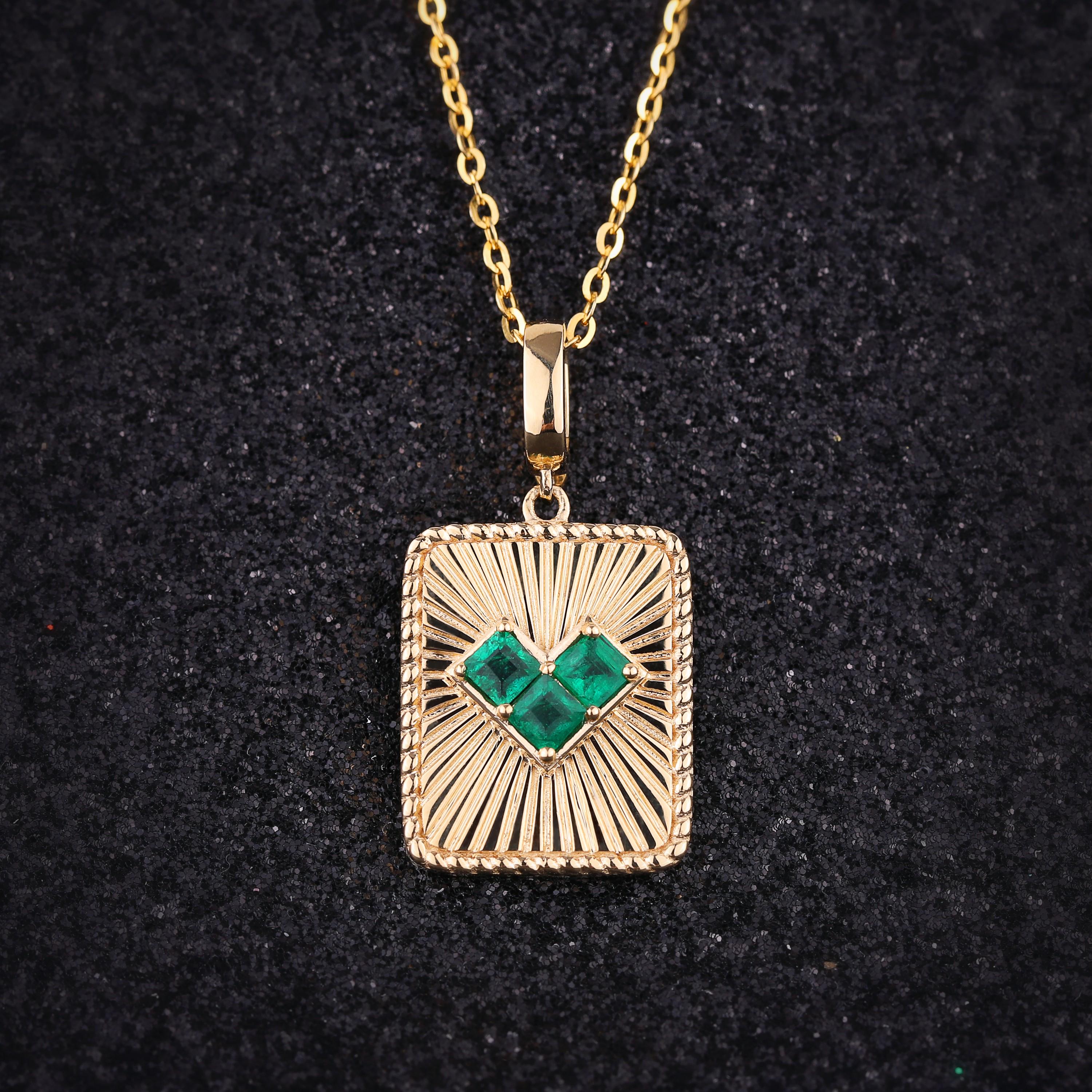 14k Yellow Gold Laser Rectangular Pendant, Heart Emerald Tag Necklace, Geometric Necklace, Dainty Necklace For Women, Birthstone Necklace
