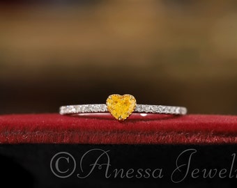 Canary Yellow Sapphire Mini Heart Ring, Delicate Engagement Ring, Half Eternity Micro Pave Diamond Wedding Band, Thin Dainty Stacking Band