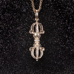14k Solid Gold Pave Moissanite Vajra Pendant, Nepal Tibet Buddhist Vajra Necklace, Demon-subduing Pestle Pendant, Protection Amulet Necklace