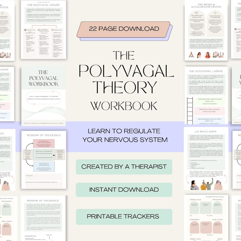 May include: A digital workbook titled "The Polyvagal Theory Workbook" with the text "Learn to Regulate Your Nervous System." The image includes pages with diagrams and text, and the phrases "22 Page Download," "Created by a Therapist," and "Instant Download."
