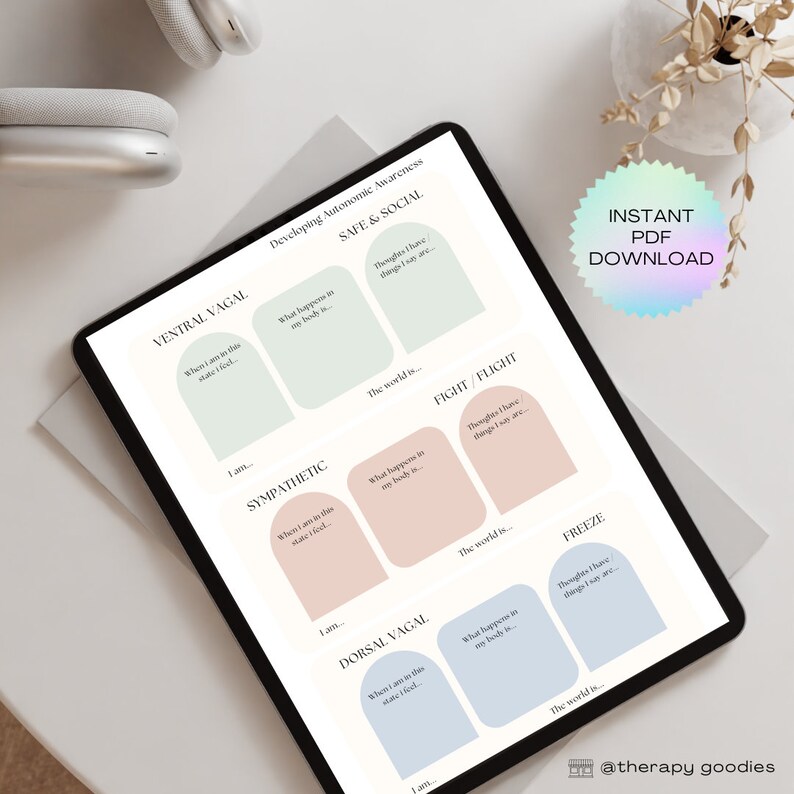 May include: A digital download on a tablet screen. The document is a worksheet with pastel-colored boxes and text about autonomic awareness. The words "INSTANT PDF DOWNLOAD" are in a circular sticker on the right side of the screen.