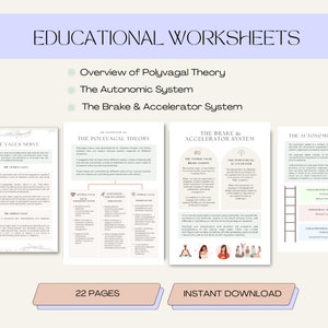 May include: Educational worksheets with the titles "Overview of Polyvagal Theory", "The Autonomic System", and "The Brake & Accelerator System". The worksheets are in a light color palette with text and diagrams. The bottom of the image says "22 pages" and "Instant Download".