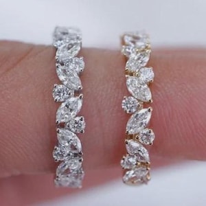 Marquise And Round Moissanite Notched Wedding Band Matching Stackable Half Eternity Wedding Anniversary Band Cluster 925 Silver Gift For Her