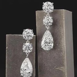 9 TCW Round And Pear Brilliant Cut Moissanite Diamond Earrings, Silver Drop Earrings, Screw Back Engagement Earrings, Tear Drop Earrings
